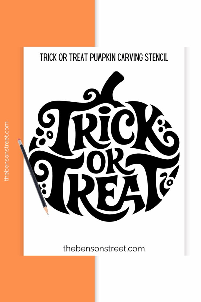 A sheet with a pumpkin carving stencil on it to carve trick or treat on a pumpkin