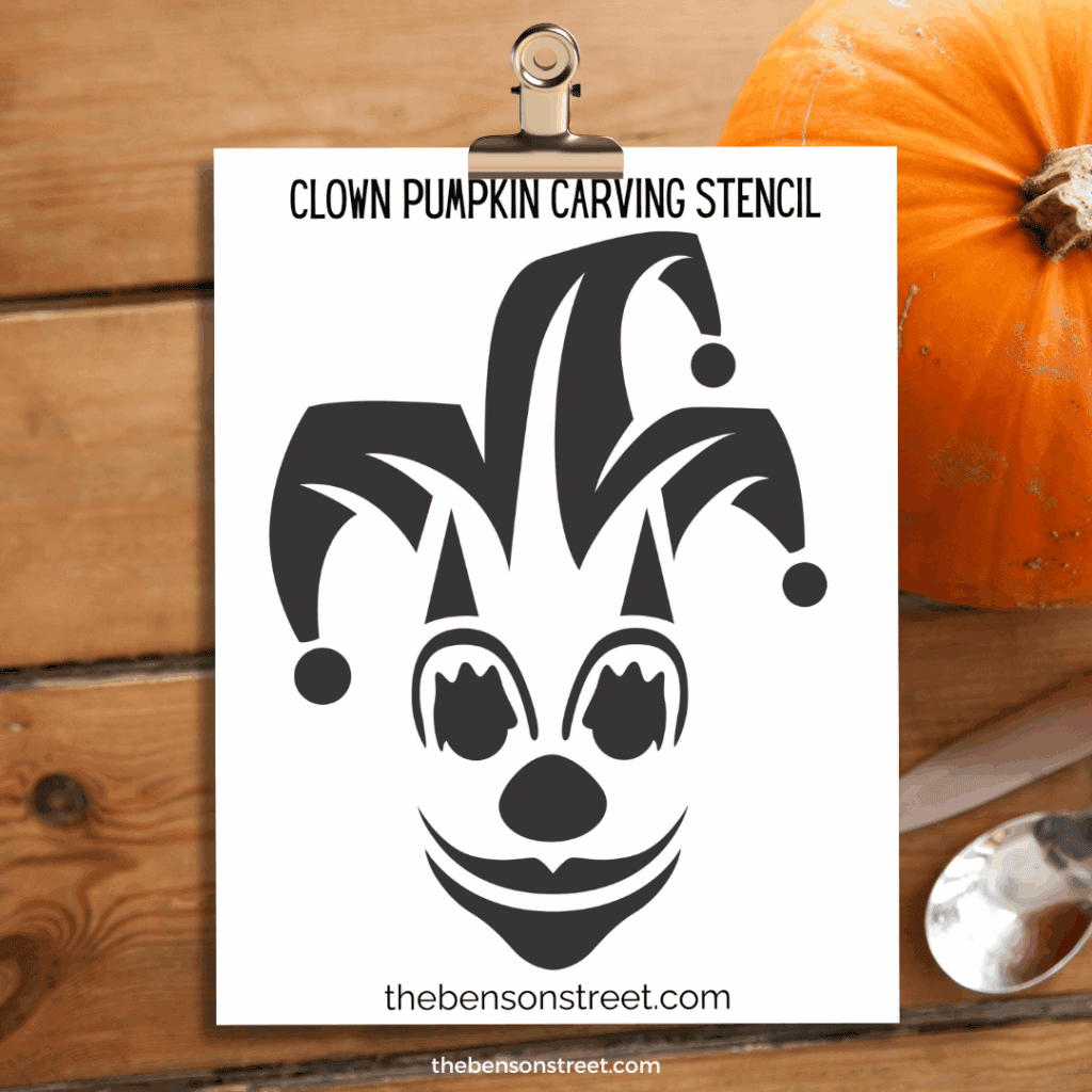 Clown Pumpkin Carving Stencil template on a clipboard