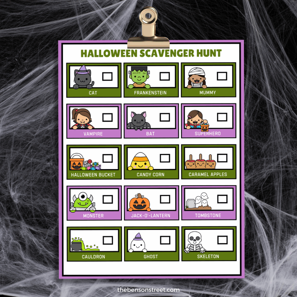 Free printable halloween scavenger hunt with spiderwebs in the background