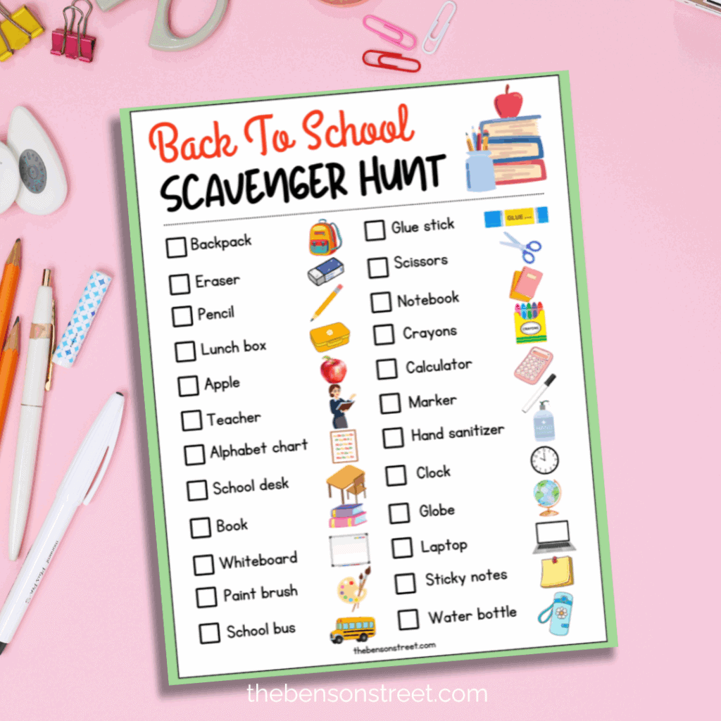 Freebie to print back to school scavenger hunt