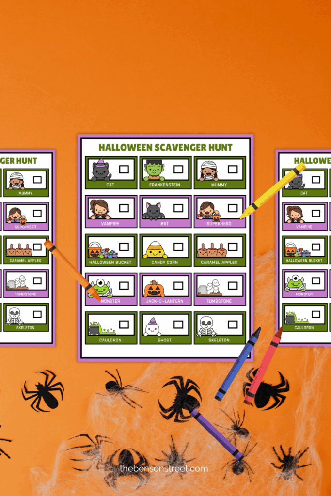 Halloween Scavenger hunt with crayons laying on top to mark off the items