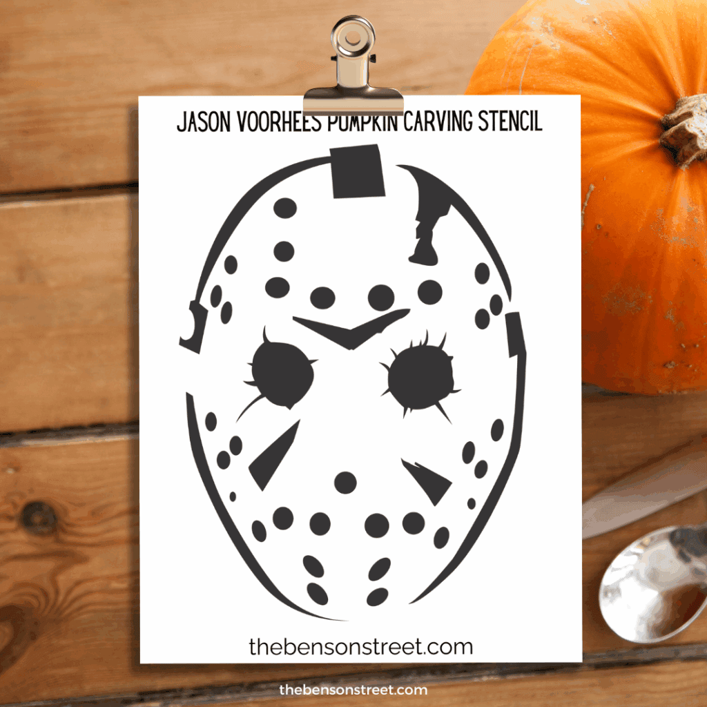 Jason Voorhees Pumpkin Carving Stencil template on a clipboard