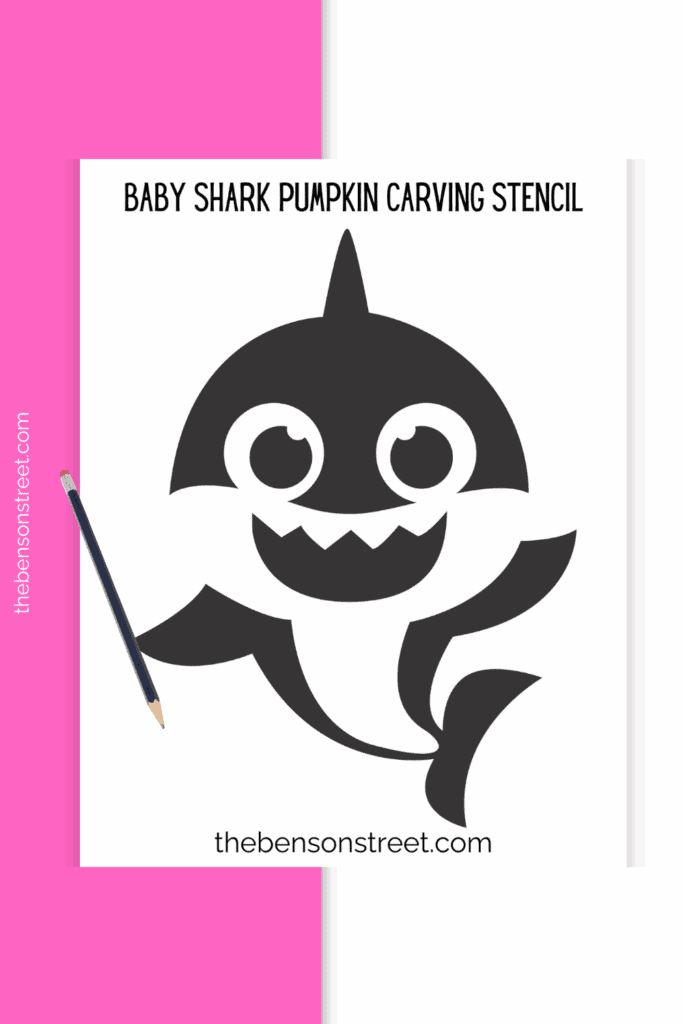 Page of a baby shark pumpkin carving template stencil to trace on a halloween pumpkin