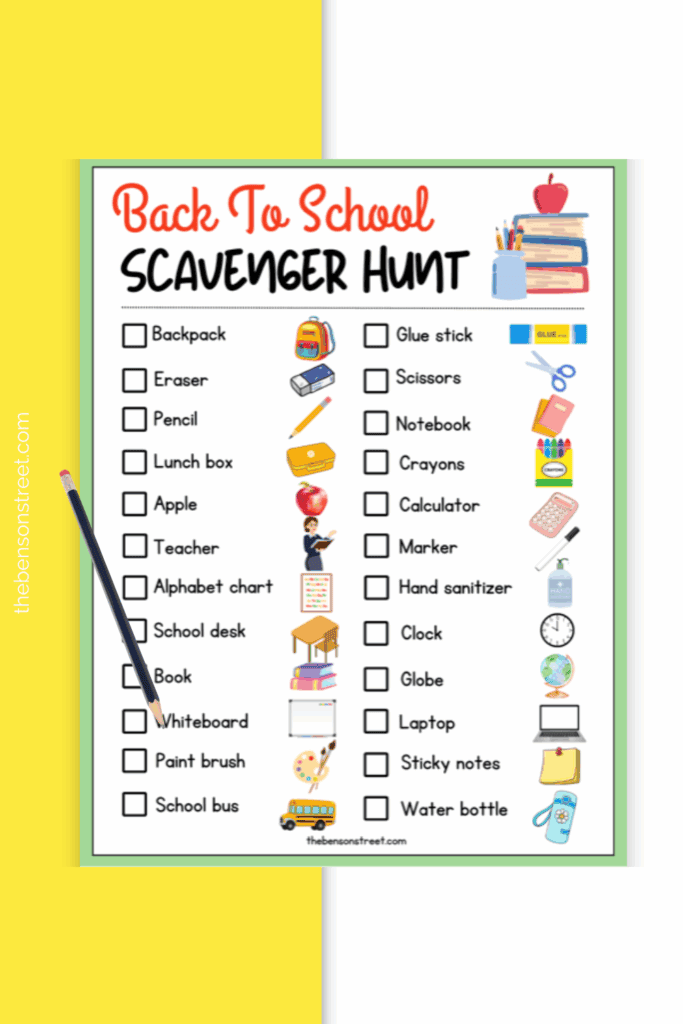 Printable back to school scavenger hunt for kids with a pencil on top