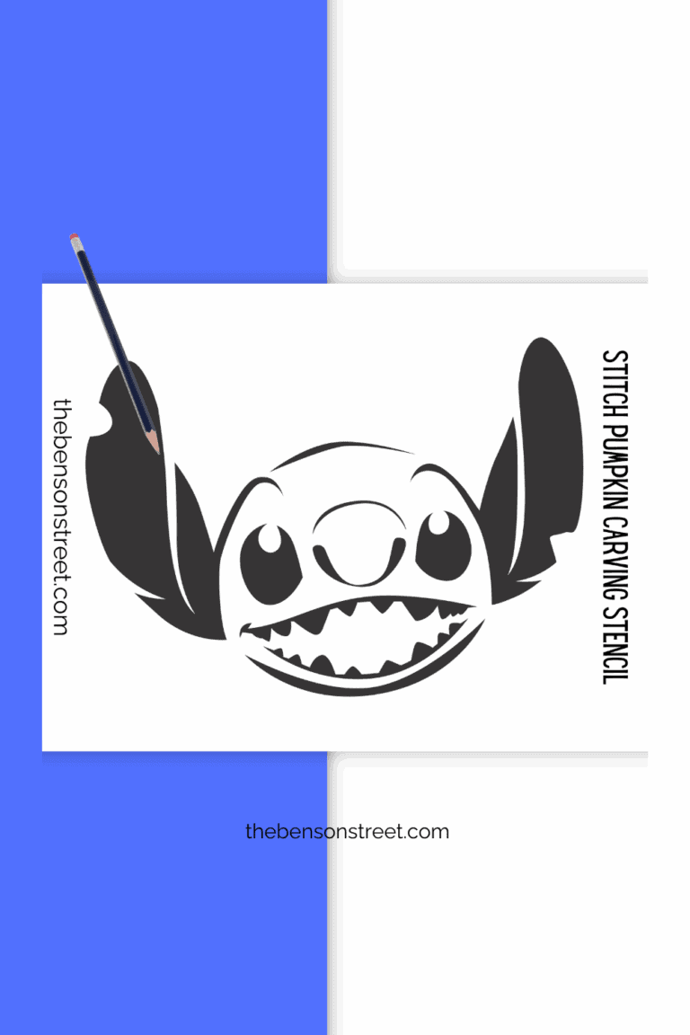 Stitch pumpkin carving template stencil with a pencil on top