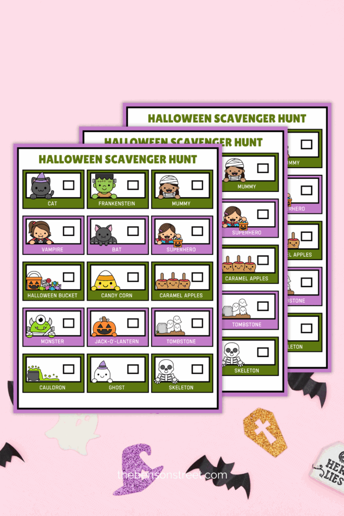 Three Halloween Scavenger Hunts printed out in a stack