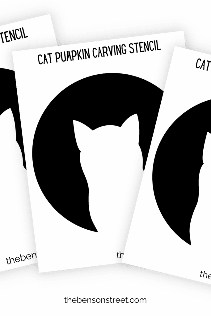 Three cat pumpkin carving stencil pages in a fanned out stack