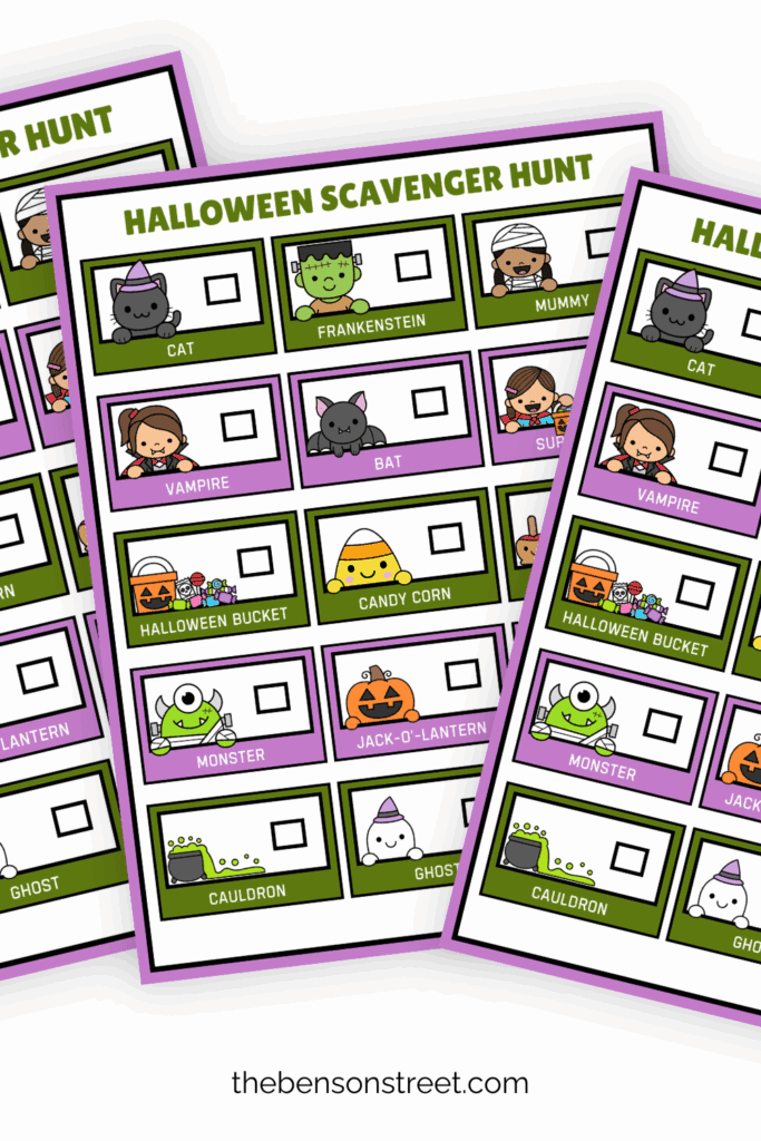 Three pages fanned out featuring halloween scavenger hunt for little kids