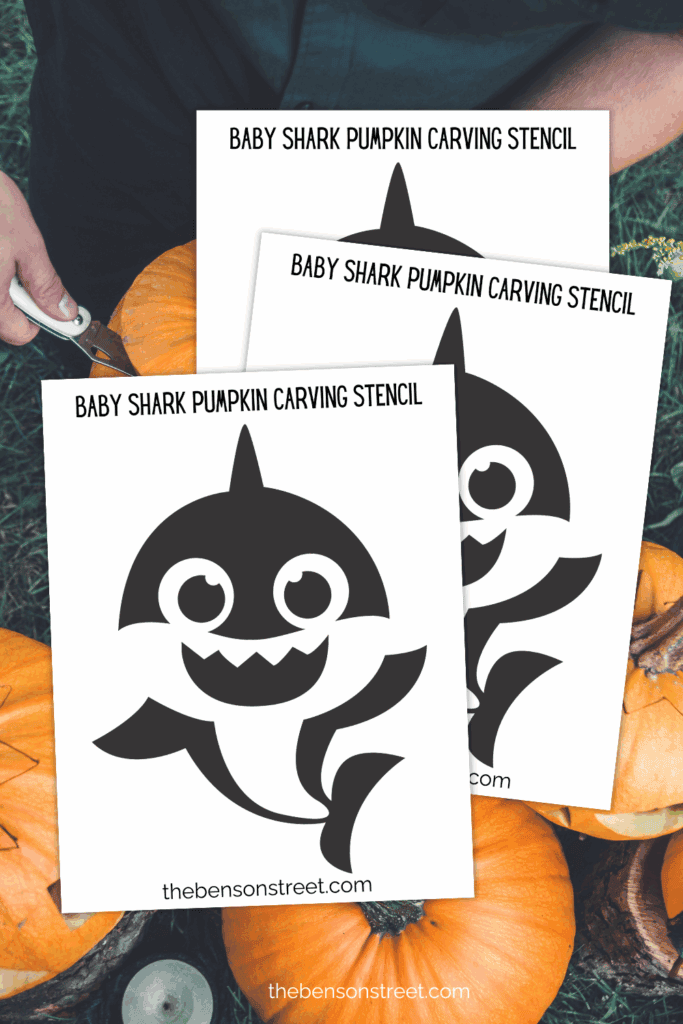 Three pages in a stack of baby shark themed pumpkin stencil printables