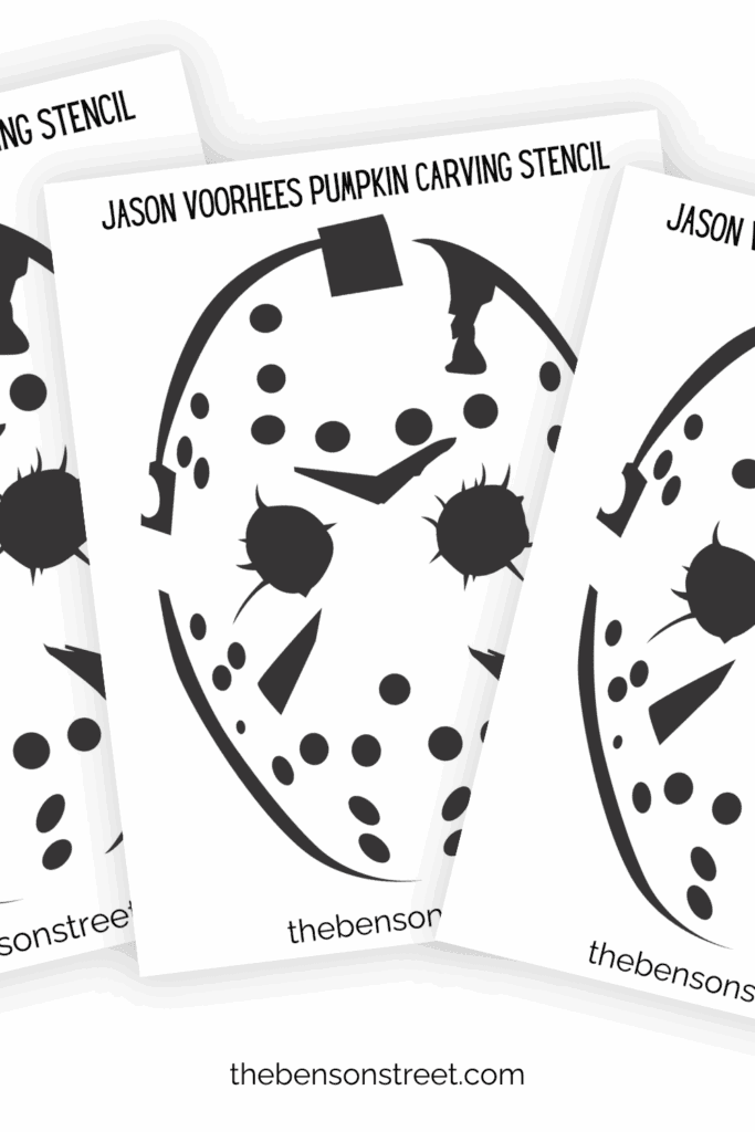 Three pages of Jason Voorhees pumpkin carving stencils in a fanned out stack