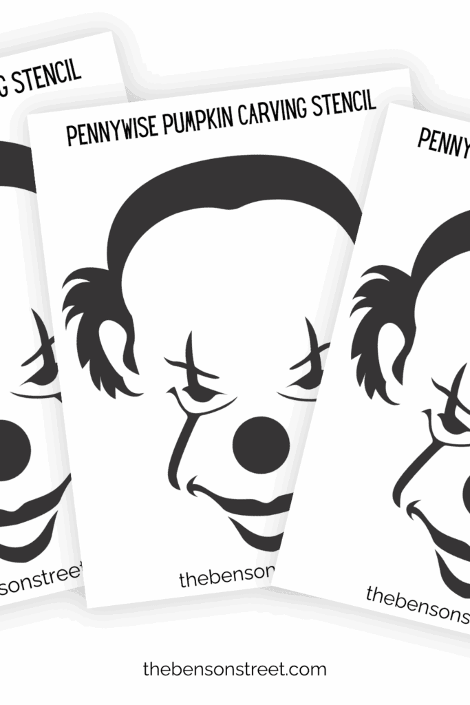 Three pages of pennywise pumpkin carving stencil pages in a fanned out stack