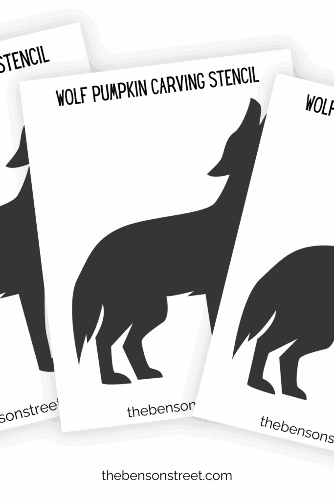 Three pages with a wolf pumpkin carving stencil on it fanning out