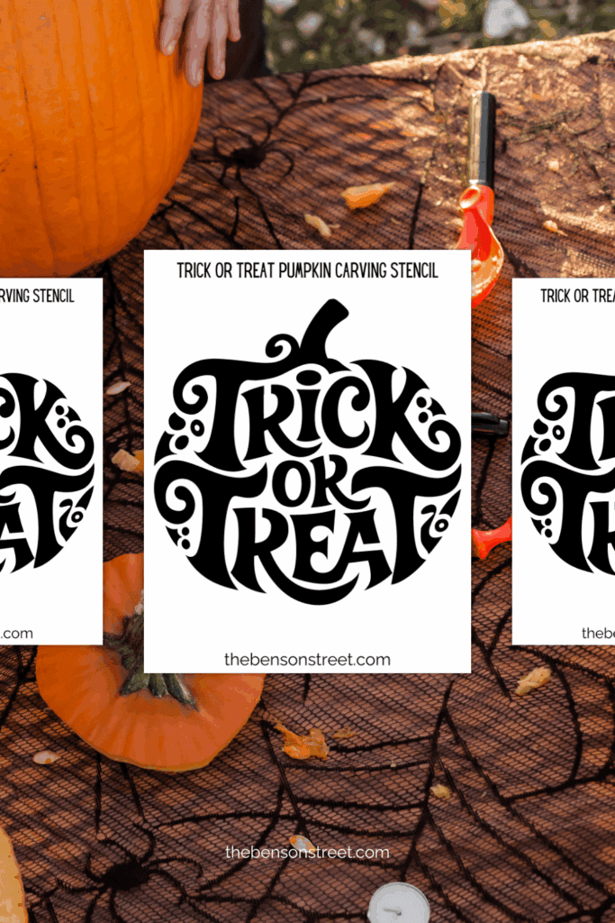 Three printed out pages with a trick or treat stencil on them for pumpkin carving