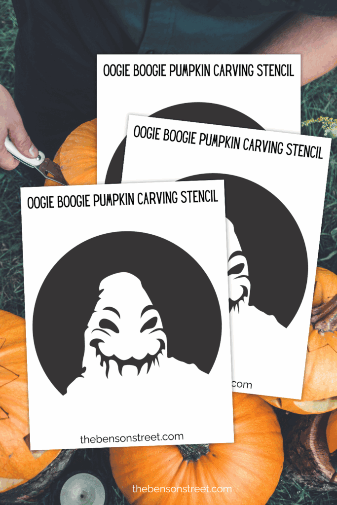 Three printed out sheets of oogie book pumpkin carving stencils