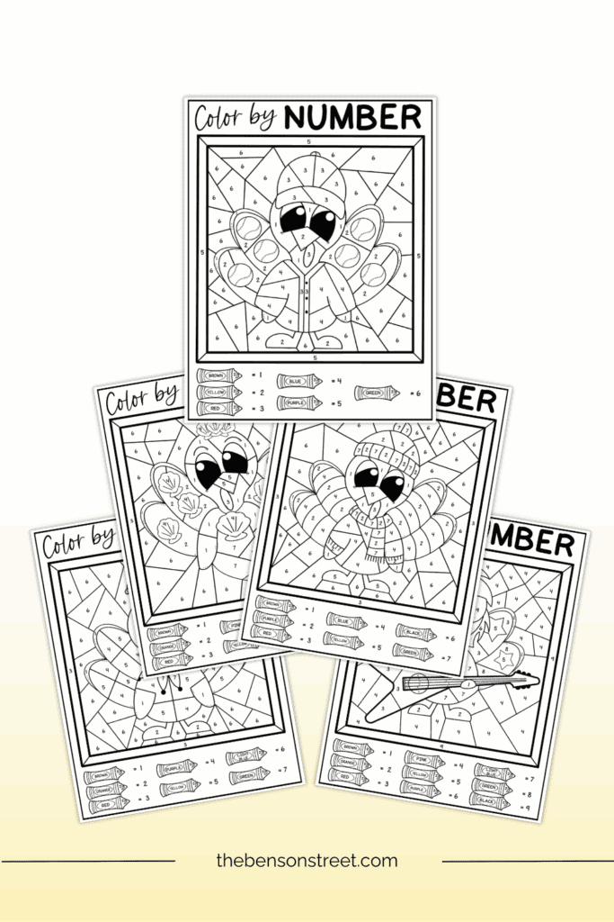 5 different turkey Thanksgiving color by number coloring pages