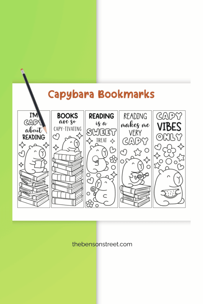 A sheet printed off with coloring bookmarks featuring cute capybaras