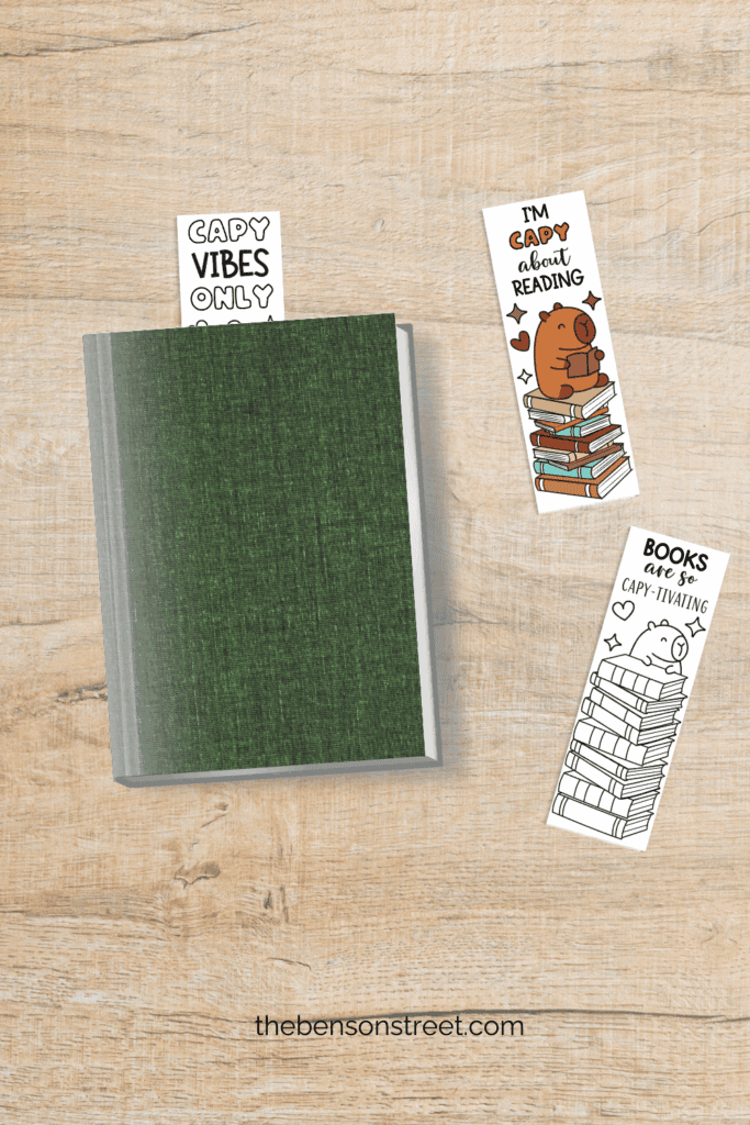A table with a book and colorful bookmarks featuring capybaras