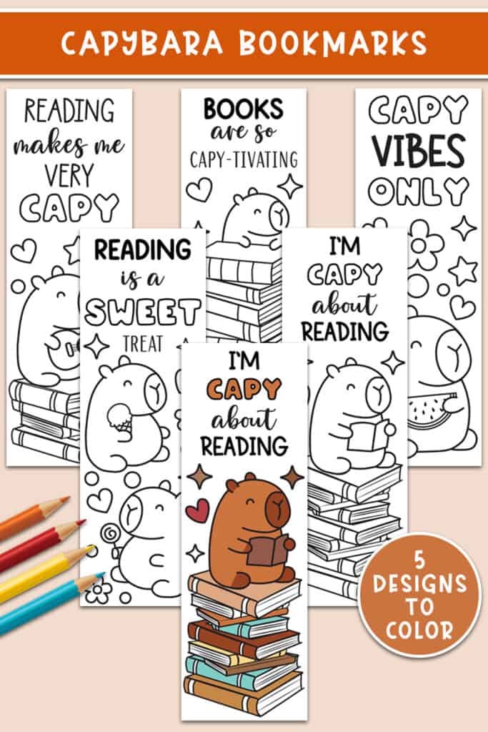 Capybara animal coloring bookmarks