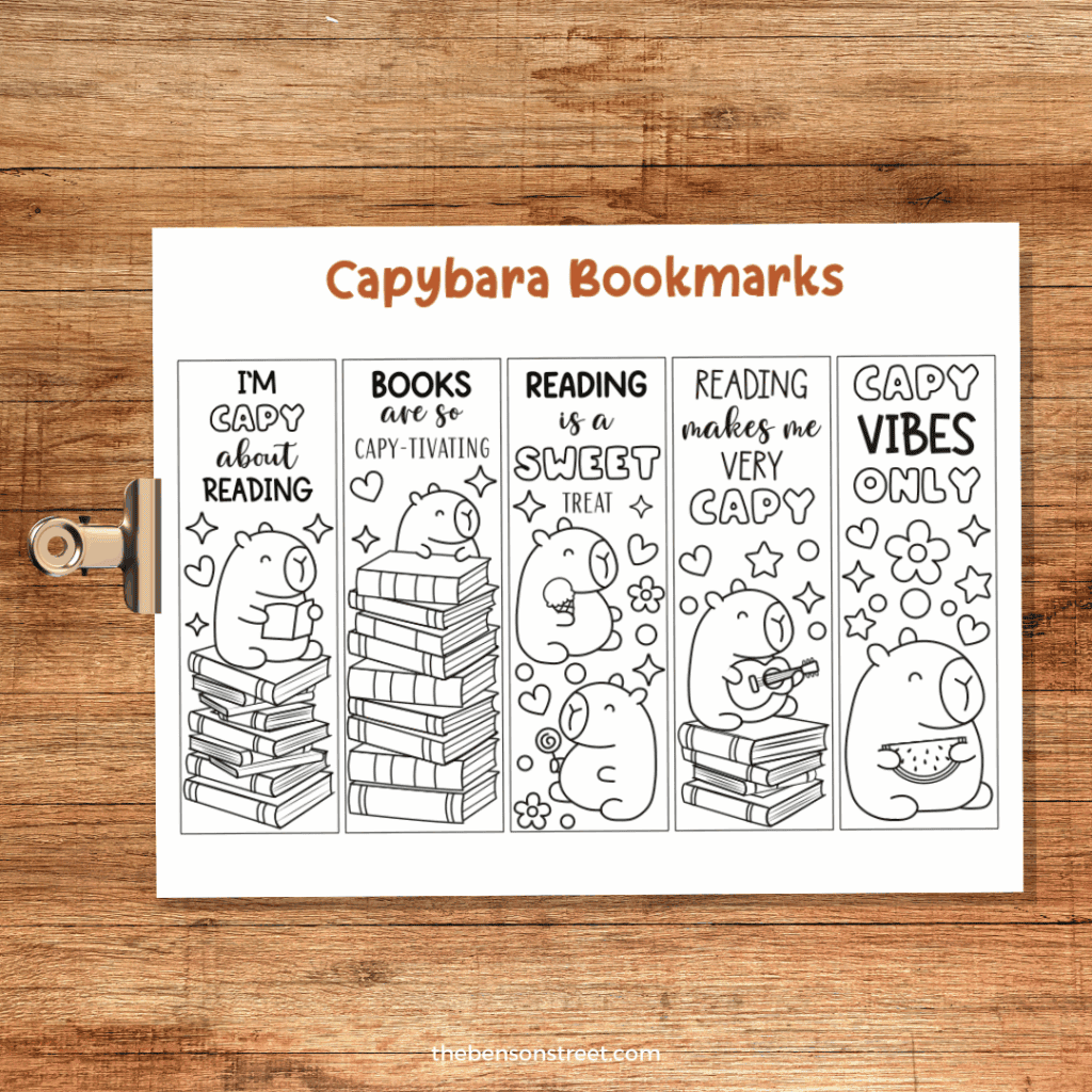 Clip with a sheet of coloring bookmarks featuring capybaras