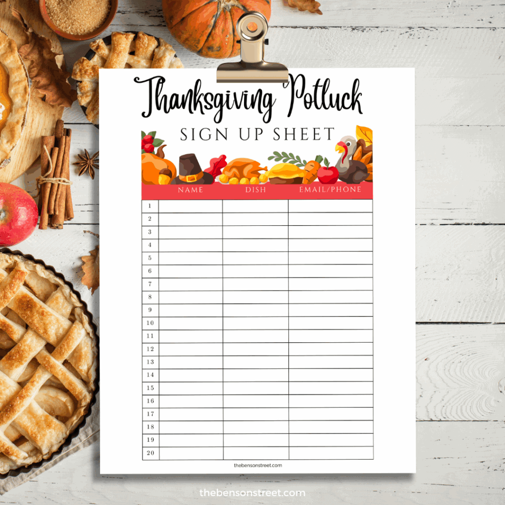 Clip with a thanksgiving Potluck sign up sheet on it