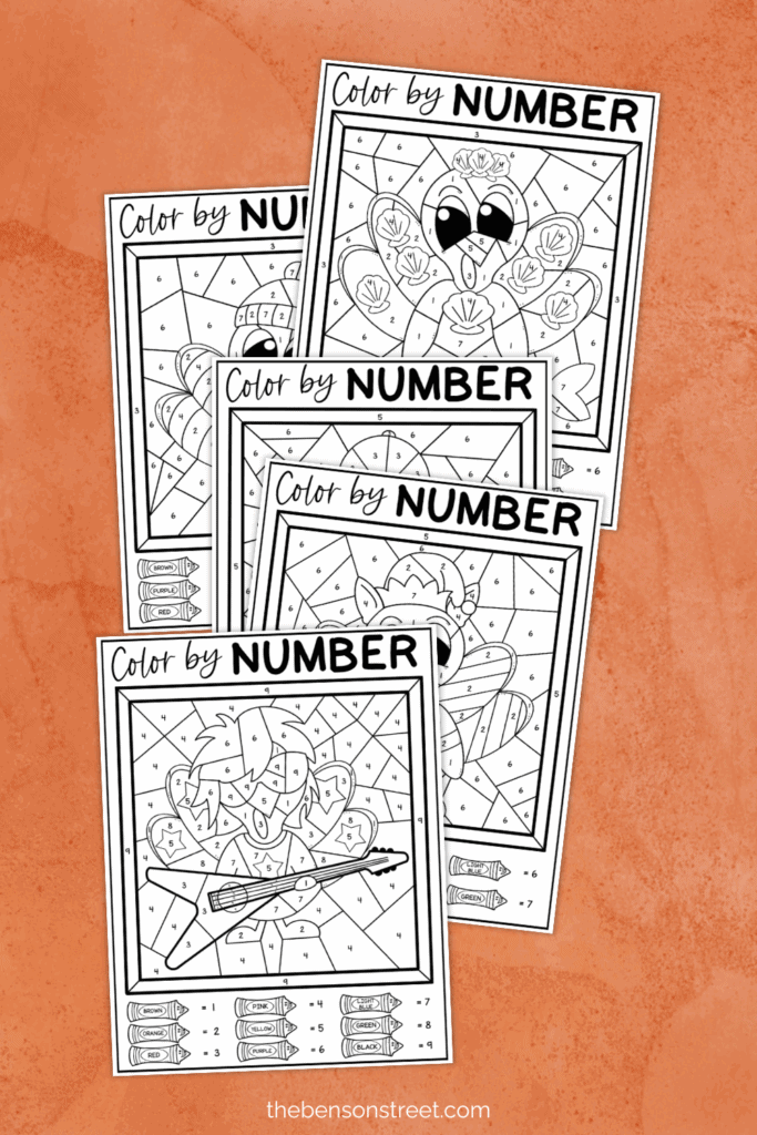 Color by number turkey coloring pages for Thanksgiving on an orange background