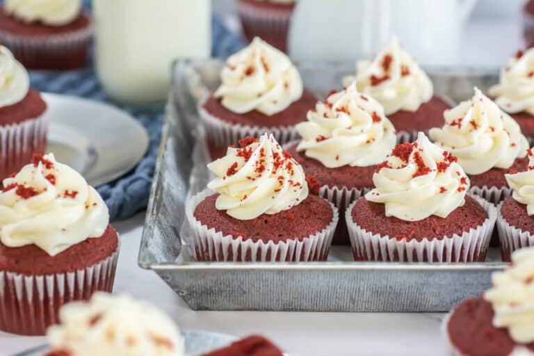 Cream cheese frosting with red velvet crumbs