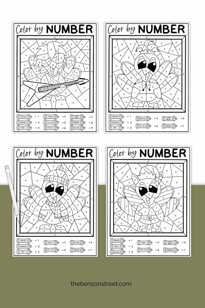 Four different sheets of turkeys dressed up to avoid thanksgiving dinner to color in