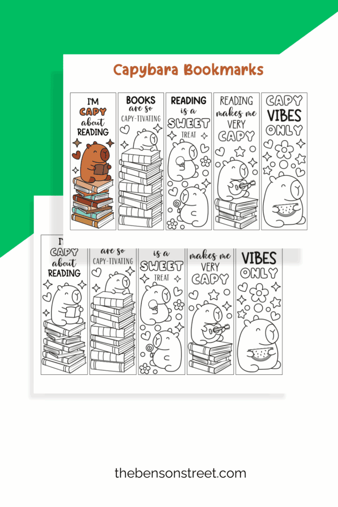 Free printable sheets of capybara bookmarks printed out with one colored in