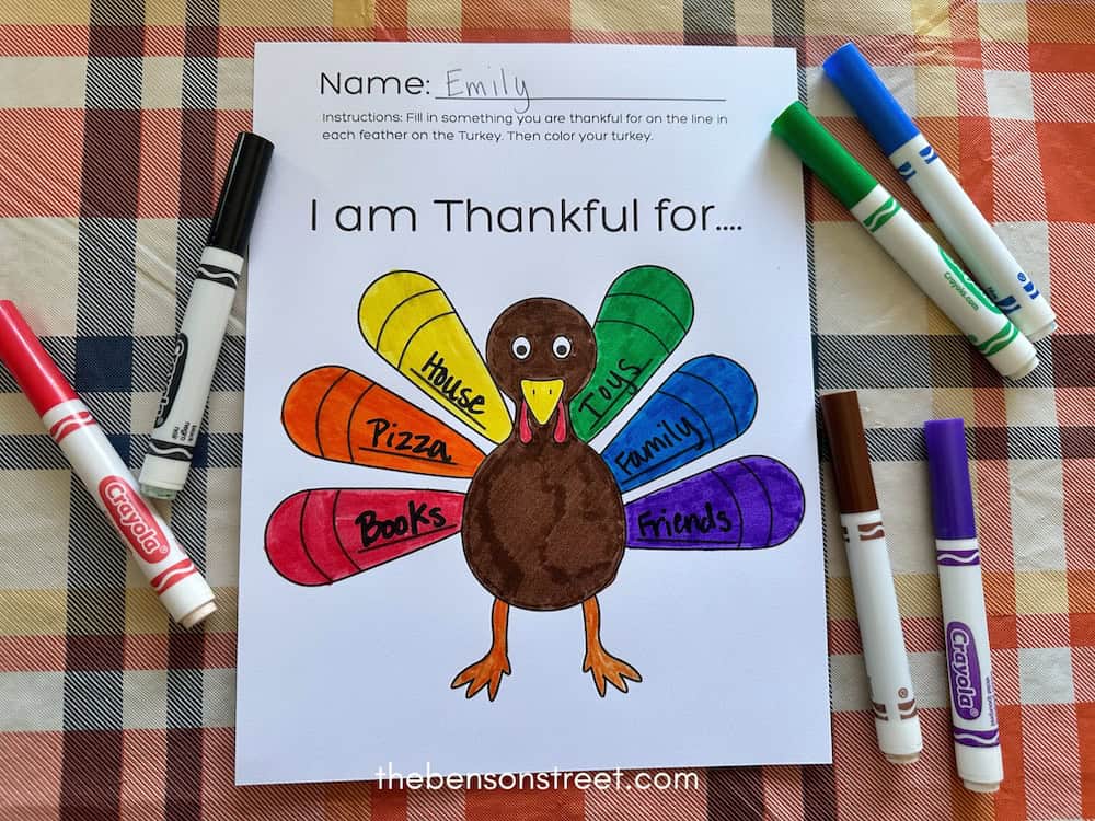 Overhead shot of a colored in i am thankful for turkey