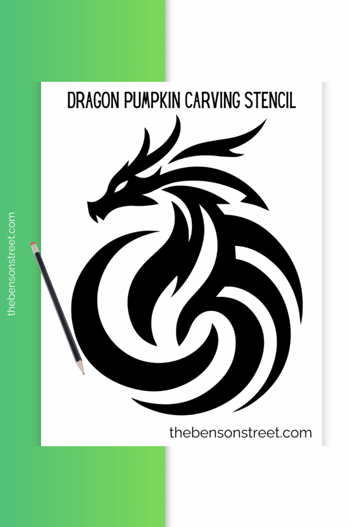 Printed out free printable dragon stencil with a pencil on top
