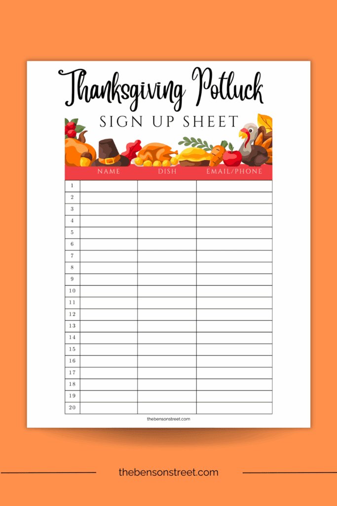 Printed out sheet with a page to sign up for what to bring to thanksgiving dinner