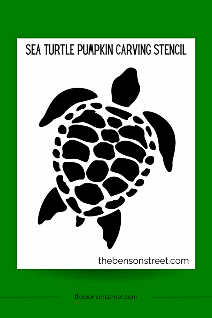 Sea Turtle pumpkin carving stencil sheet printed out on a green background