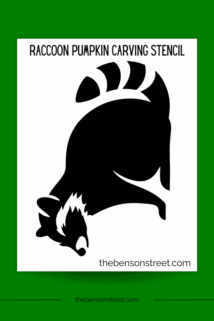 Simple Raccoon pumpkin carving stencil sheet on green background