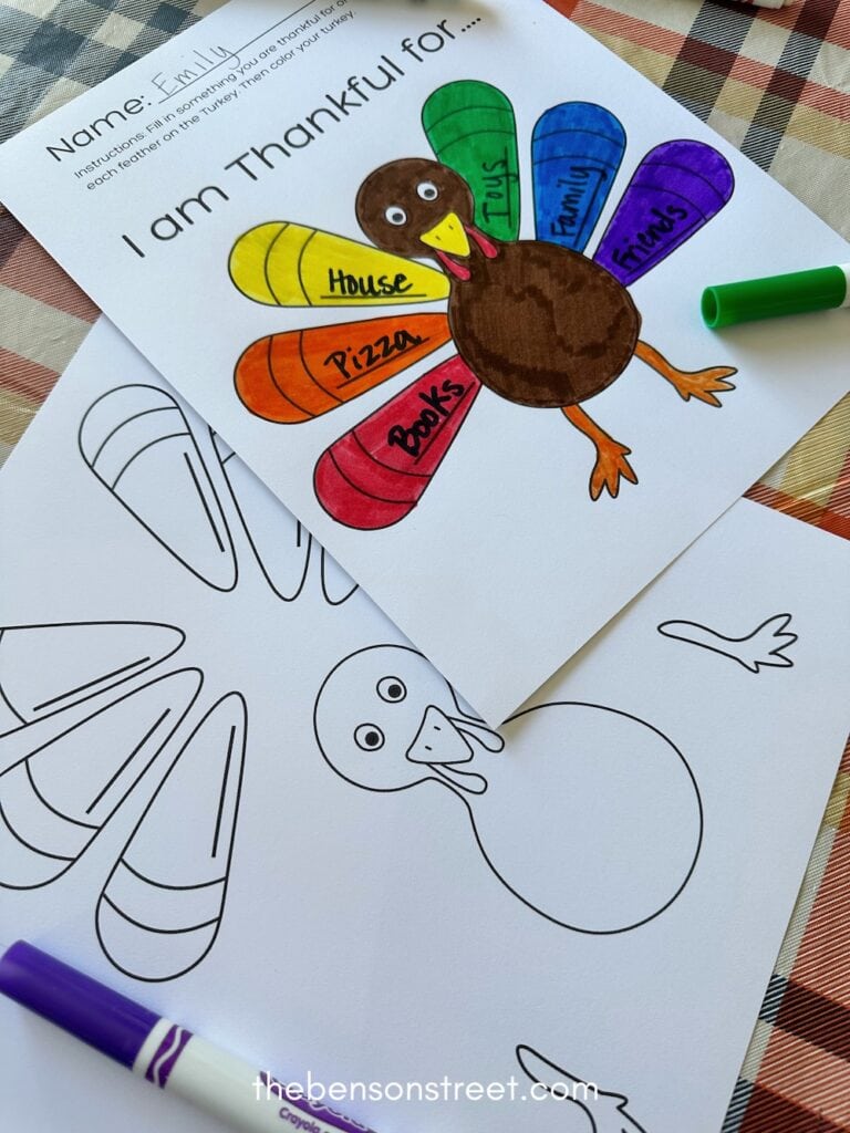 Staggered stack of three pages with a thankful turkey craft