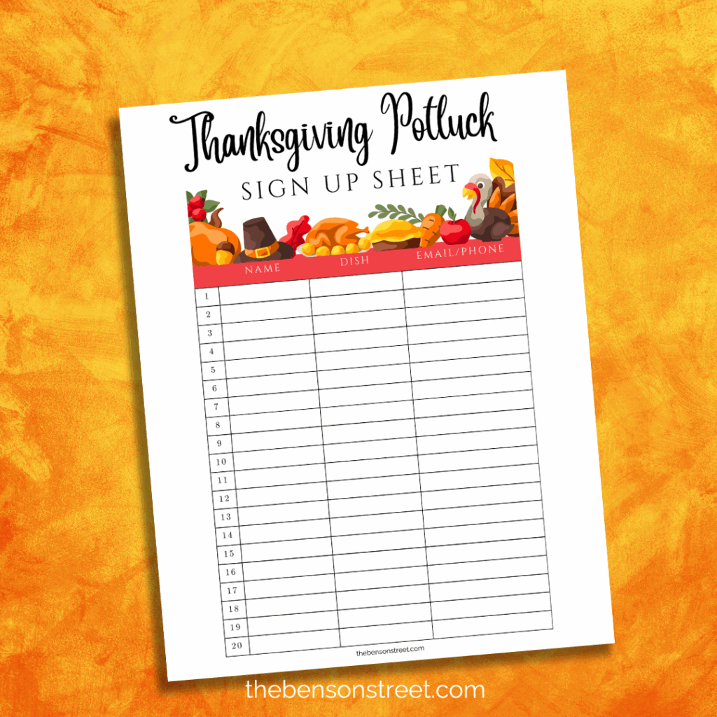 Thanksgiving Potluck Sign Up Sheet on an orange background