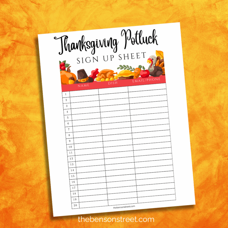 Thanksgiving Potluck Sign Up Sheet on an orange background