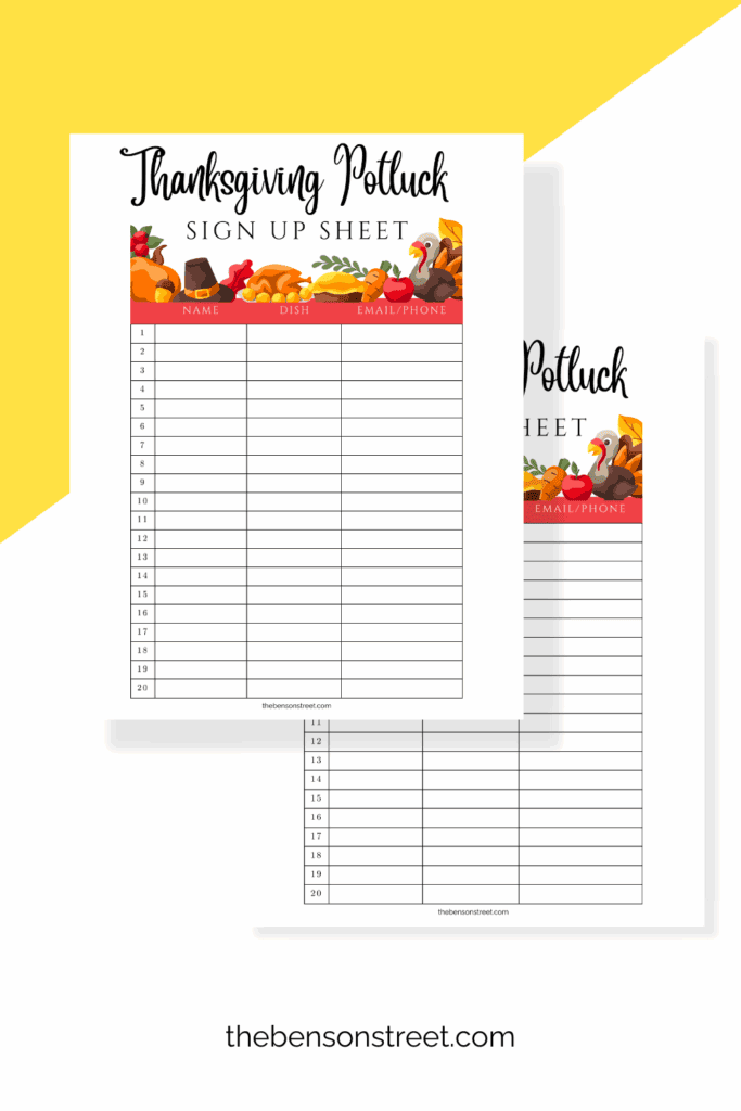 Thanksgiving dinner sign up sheet printed out and ready for signing up