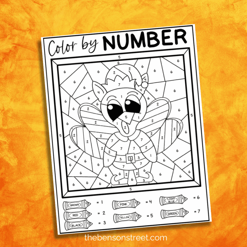 Thanksgiving turkey dressed as an elf color by number sheet