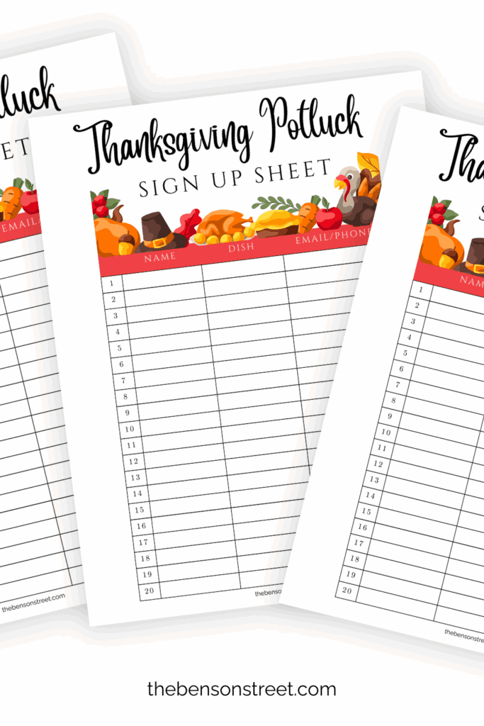 Three fanned out pages with pot luck sign up sheets for a friendsgiving dinner