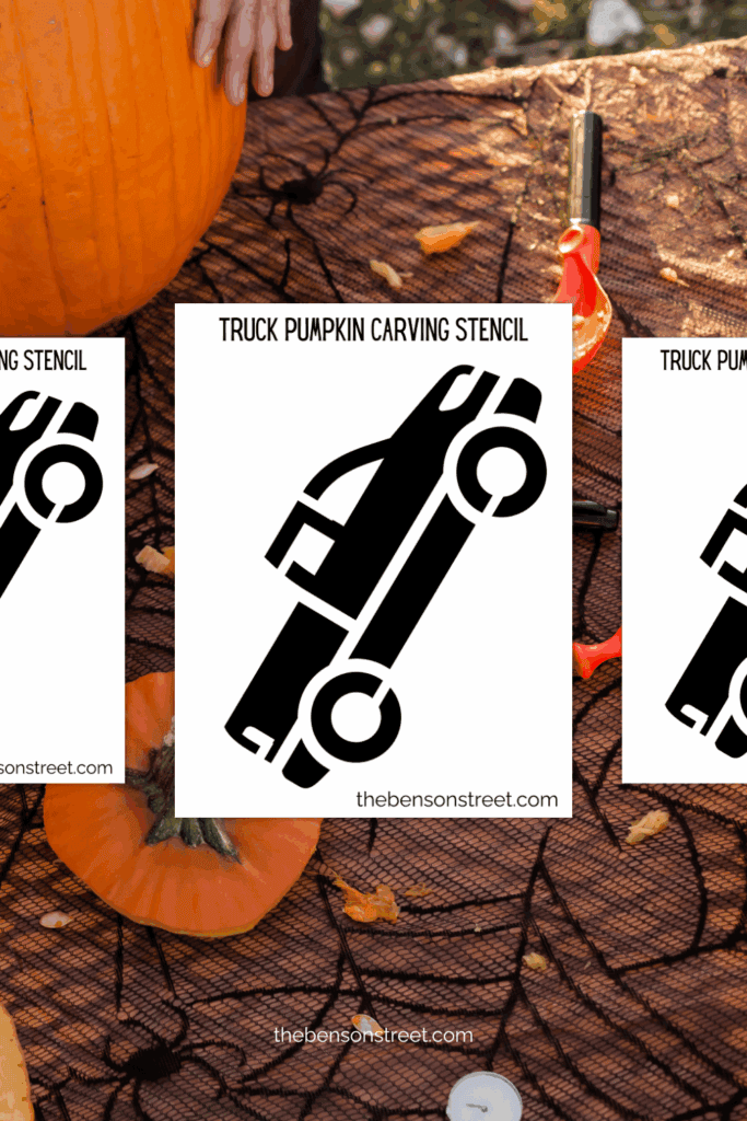Three pages of a pumpkin carving stencil for a truck with pumpkin in background