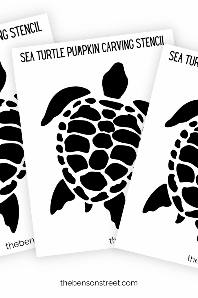 Three pages of a sea turtle pumpkin stencil sheets in a fanned out stack