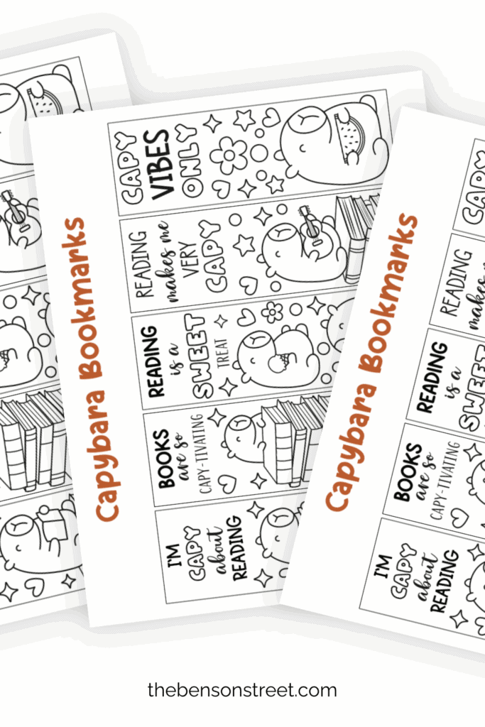 Three pages of coloring bookmarks printed out and in a fanned out stack