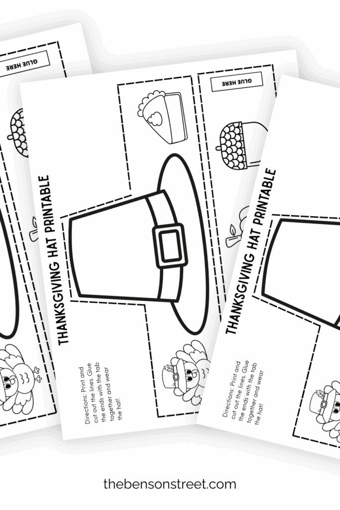 Three pages of printed out sheets with thanksgiving hats on them in a fanned out stack