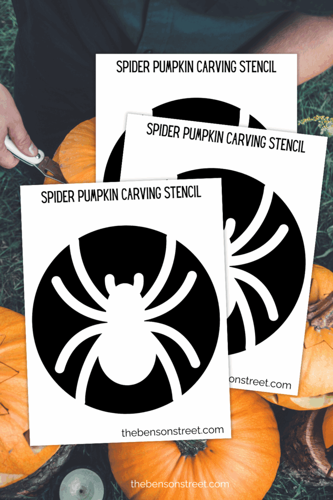 Three pages of spider pumpkin stencils on a staggered stack