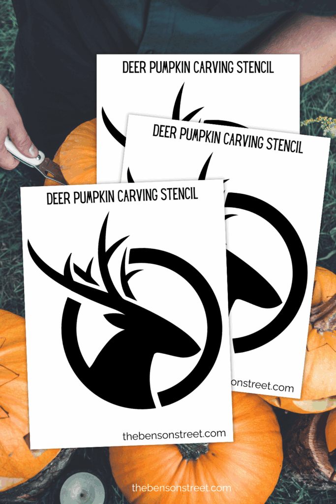 Three printed out pages of a deer silhouette pumpkin stencil