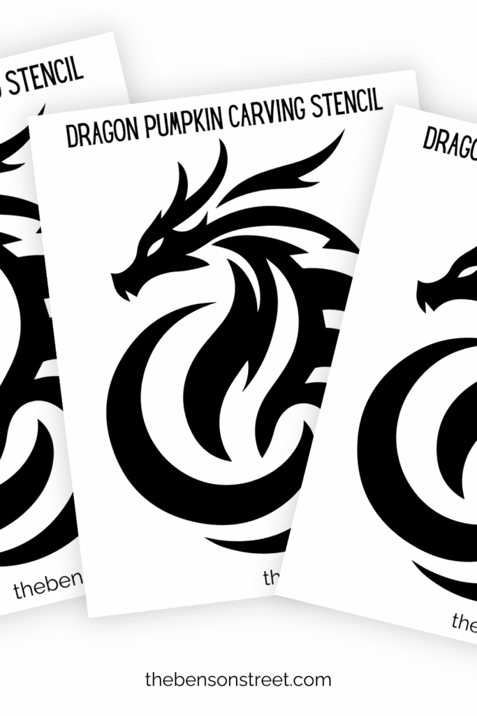 Three printed out sheets of a dragon stencil in a fanned out stack