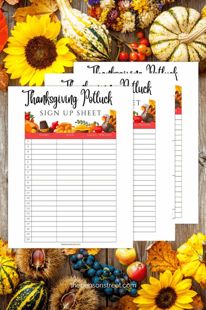 Three sheets of thanksgiving sign up sheets in a stack