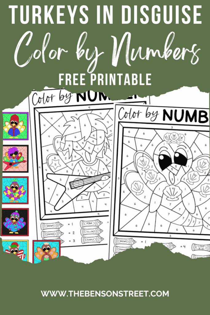 Turkeys in Disguise color by number pages free printables