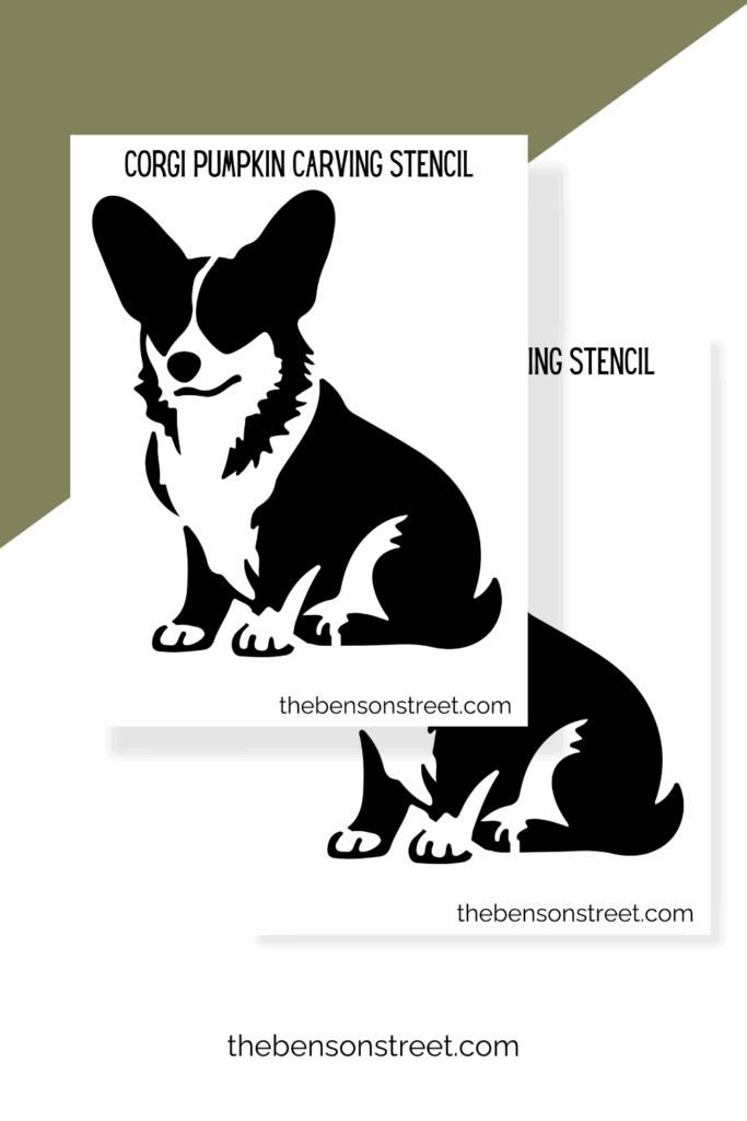 Two sheets of corgi pumpkin carving stencils in a staggered stack