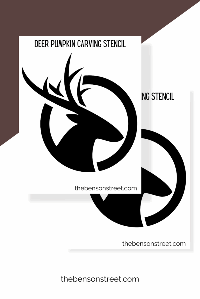 Two sheets printed out to show a black and white deer pumpkin carving stencil
